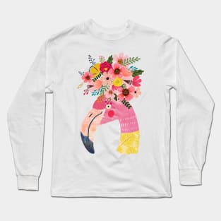 Cute Flamingo in pink and yellow with flowers on head Long Sleeve T-Shirt